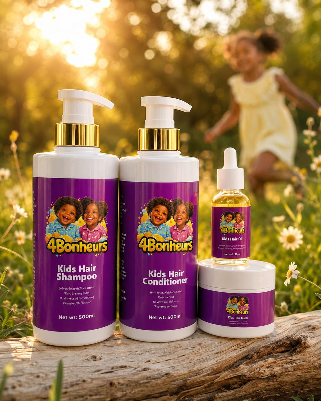 4Bonheurs Kids,
Une gamme adaptée à tous les types de cheveux.