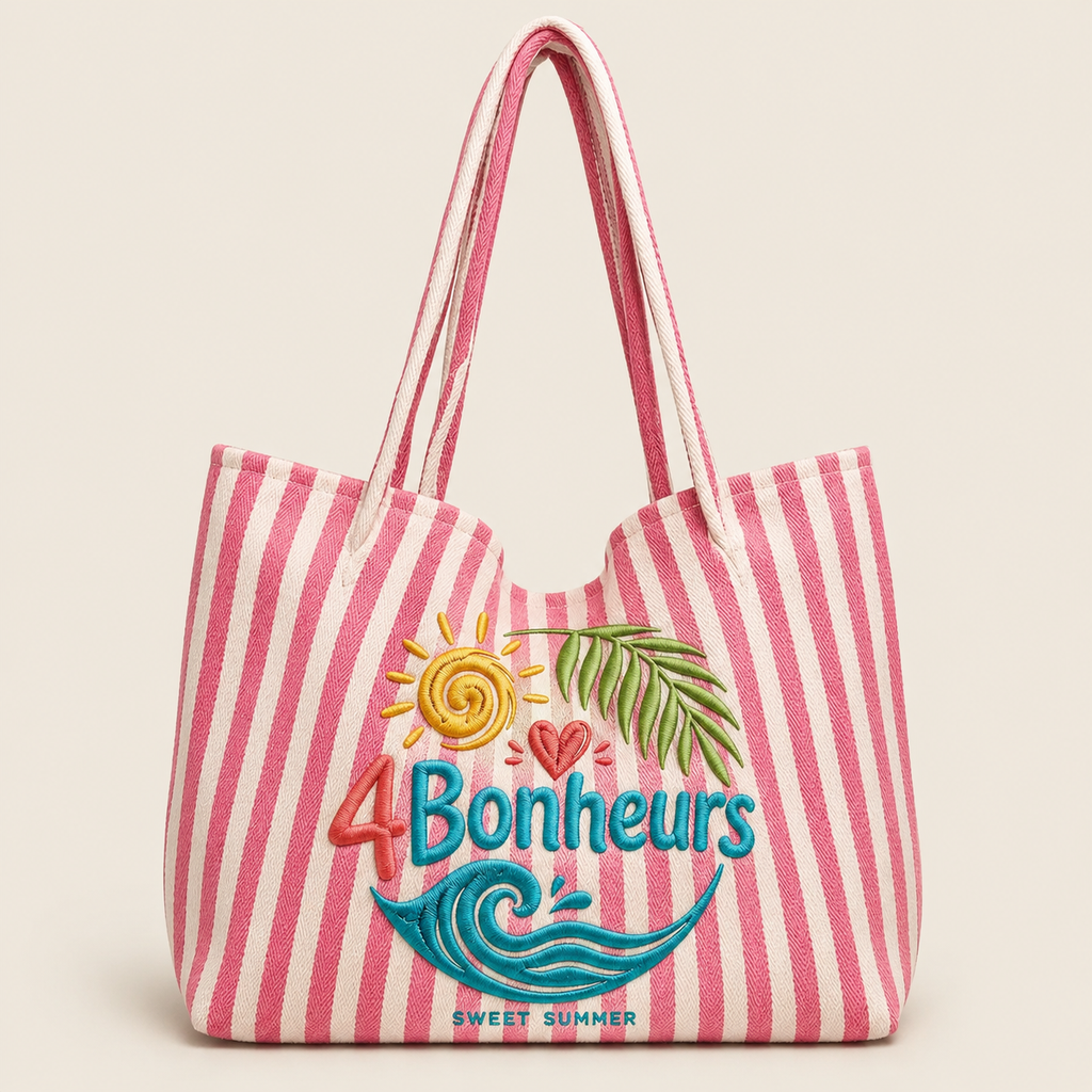 Sac de plage rayé brodé – Rose | 4Bonheurs-Sweet Summer