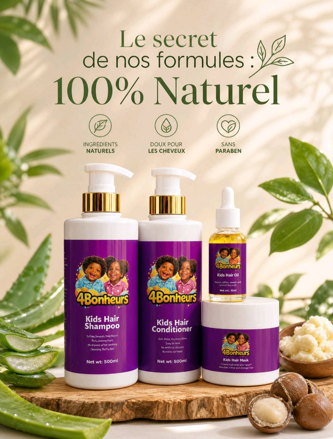 4Bonheurs kids-Gamme complète adaptée à tous les types de cheveux.